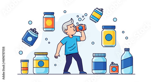 Person Drinking From a Can Surrounded By Variety Of Refreshing Beverages And Containers