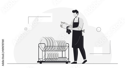 Person Drying Dishes After Washing and Using Dish Rack in Minimalist Illustration Style