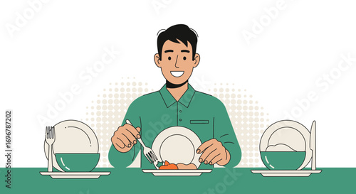 Man Enjoying A Meal At The Table, Smiling with Plates and Utensils Ready to Eat