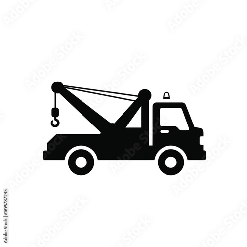 Tow truck silhouette with crane arm and hook on a white background. EPS 10.
