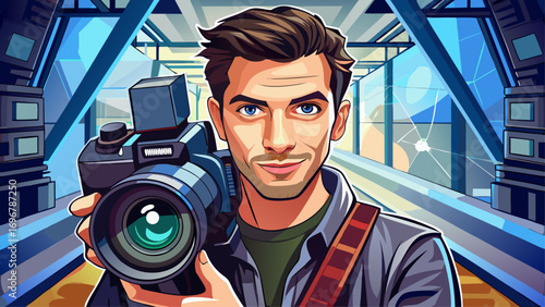 Close-up portrait of a male photographer holding a professional camera in a bright studio, wearing casual attire, soft lighting highlighting his focused expression, modern backdrop suggesting creativi