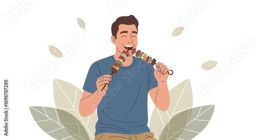 Man Enjoying Grilled Skewers at a Barbecue Celebratory Picnic, Healthy Food Lifestyle