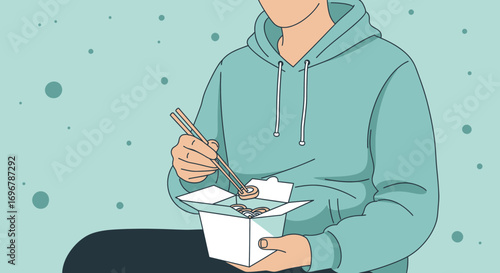 Person Enjoying Sushi from a Takeout Box in Casual Attire Conceptual Design