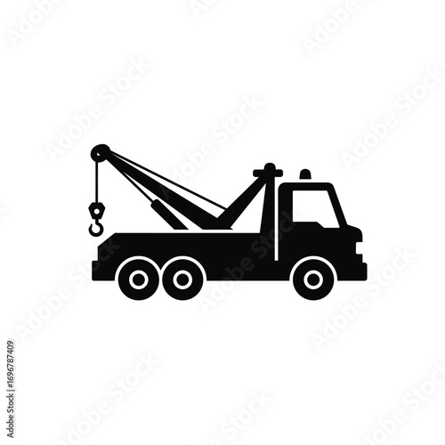 Tow truck silhouette with crane arm and hook on a white background. EPS 10.