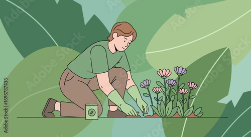 Person Gardening, Cultivating Flowers, And Planting Seeds In A Garden Setting