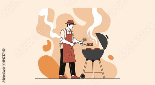 Man Enjoying The Summer, Grilling Burgers Outdoors, BBQ Party Celebration, Illustration