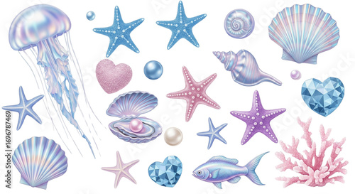 Pastel Marine Life Illustration Set Jellyfish Starfish Seashells Pearls Coral Fish Cute Ocean Elements