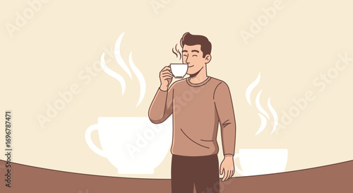 Man Enjoys Coffee In Morning, Conceptual Illustration, Feeling Pleasure Drinking Hot Beverage