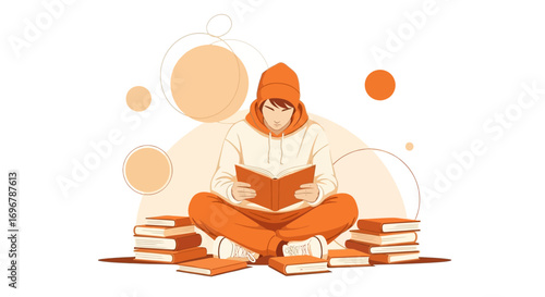 Person Immersed In Literature Reading While Surrounded By Volumes And Abstract Shapes