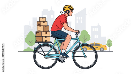 Speedy Delivery: An illustration of a cyclist swiftly navigating a cityscape while transporting packages. Capturing the essence of urban commuting and efficient service delivery.