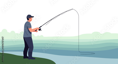 Man Fishing With A Rod, Enjoying Leisure Time Near The Scenic Waterside Environment