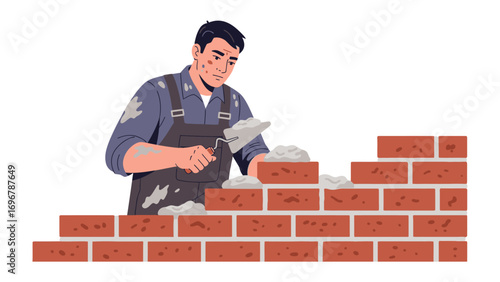 Bricklayer's Craft: A skilled bricklayer meticulously lays brick, a symbol of construction, building, and the strength of labor. 