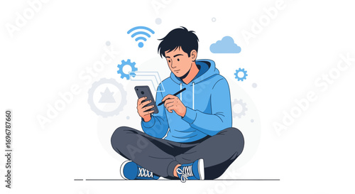 Person Interacting With Smartphone, Sitting, Wireless Connection, Modern Technology Concept