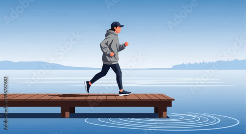 Person Jogging Confidently Along A Wooden Pier Over Serene Lake Water Landscape Scene