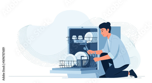 Person Loading Dishwasher With Cutlery, Modern Lifestyle In Domestic Home Cleaning Tasks
