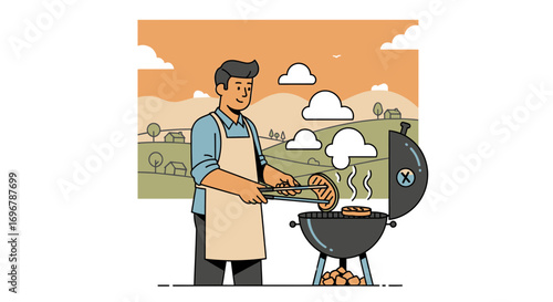 Man Grilling Food Outdoors, Preparing Delicious Meals for a Summer Barbecue Day