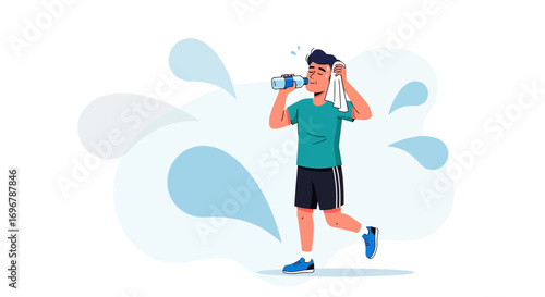 Man Hydrates And Cools Down After Extensive Physical Activity In Vector Style Illustration