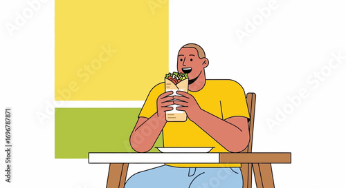 Man in Graphic Style is Enjoying a Delicious Wrap While Sitting at a Table