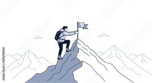 Person Reaching Summit, Planting Flag to Symbolize Achievement and Victorious Ascent