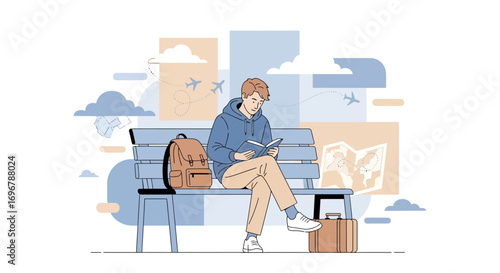 Person Reading A Book While Waiting For A Flight, Ideal For Travel Themes Illustration