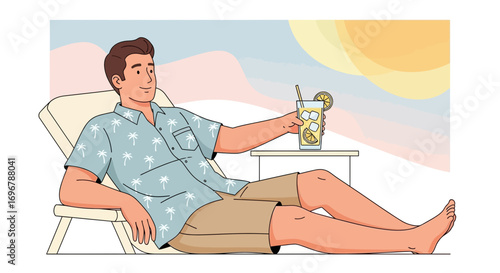 Man Lounging, Enjoying Refreshment, Tropical Relaxation, Beachside Calm, Sunshine Bliss