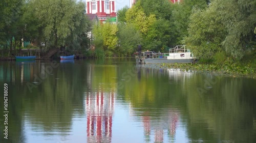 View of Church of the Forty Martyrs of Sebaste reflecting in Trubezh river in Pereslavl-Zalessky, Yaroslavskaya oblast, Russia
