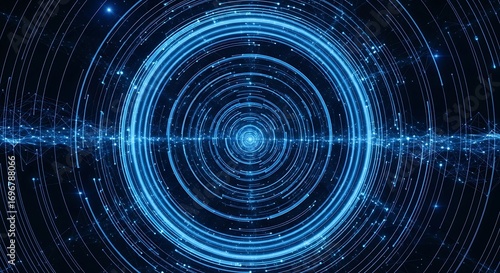 Abstract blue concentric circles with glowing particles and light effects, representing data flow or energy