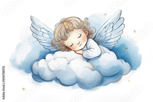 Angel sleeping on the cloud isolated on white background