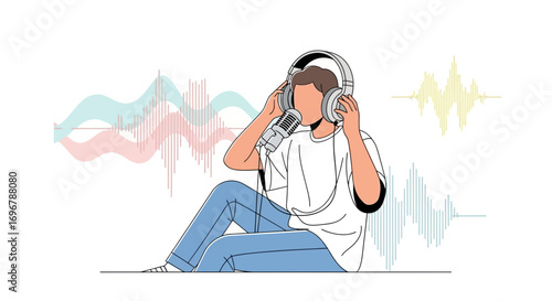 Person Recording Audio With Microphone And Sound Waves Illustration With Headphones