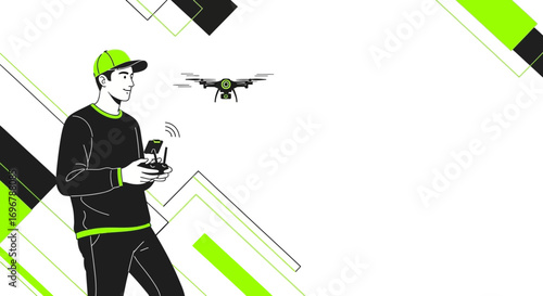 Man Operating A Drone With A Controller Depicted In An Illustration Style