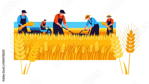 Harvesting Harmony: A vibrant illustration captures the collective spirit of agriculture, showcasing farmers diligently harvesting golden wheat crops.