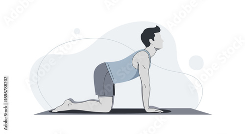 Man Performing Yoga Pose on Exercise Mat in Simplistic Contemporary Flat Illustration