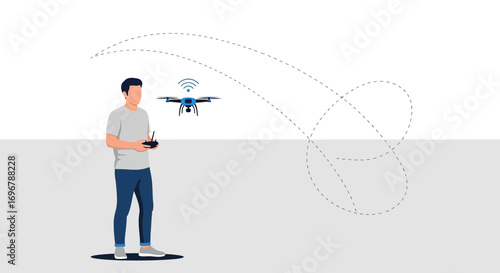 Man Piloting a Drone, Displaying Wireless Connectivity and Air Movement in Illustration