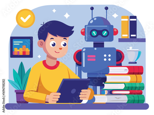 Cute Robot Tutor with Boy Cartoon Design