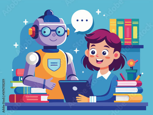 Child Learning with AI Assistant Illustration