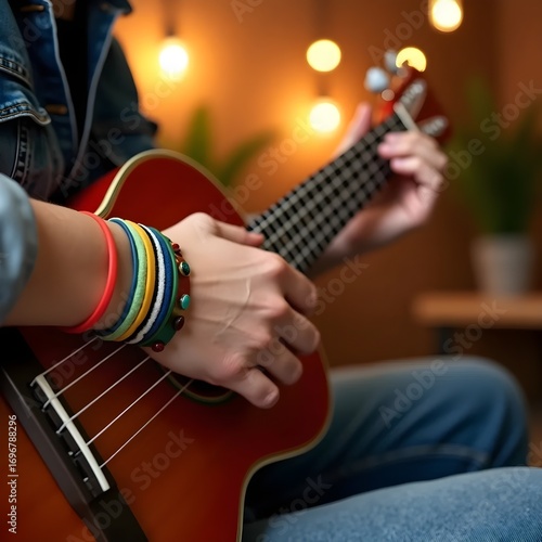 It's a person playing the ukulele.