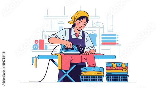 Laundry Day Routine: An illustrative depiction of a diligent individual ironing clothes, portraying a scene of domestic responsibility and care within the context of home management.