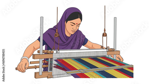 Weaving Craftswoman: A focused craftswoman, draped in traditional attire, skillfully operates a weaving loom. The vibrant, multi-colored textile slowly comes to life under her careful guidance.