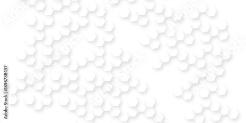 the geometric repetition and depth of the hexagonal grid, A pattern of white hexagon shapes arranged subtle shadows that create a three-dimensional, layered effect.