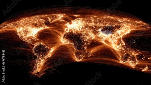 Fiery World Map - A Global Network of Light and Connection.