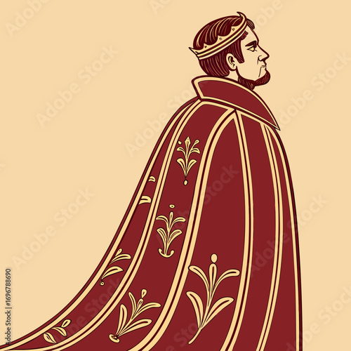 Illustration of a handsome european king with crown and red cloak