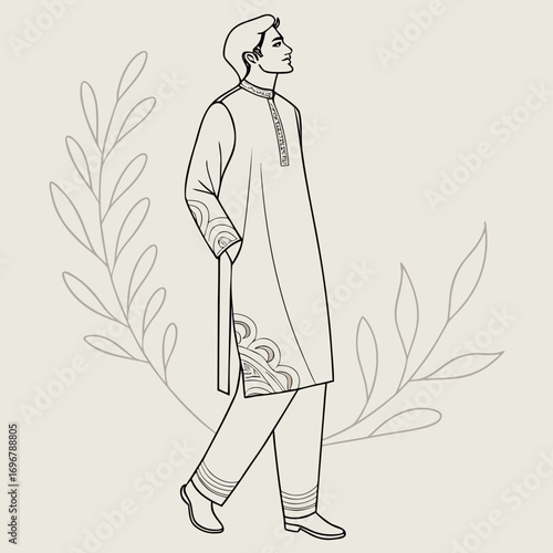 Illustration of a man in kurta pajama with floral background