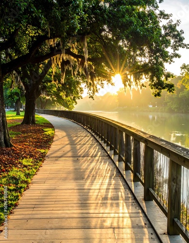 Sunlit park walkway by a river