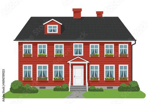 Charming red house with black roof and lush green bushes, isolated on white background, showcasing classic architecture and inviting curb appeal