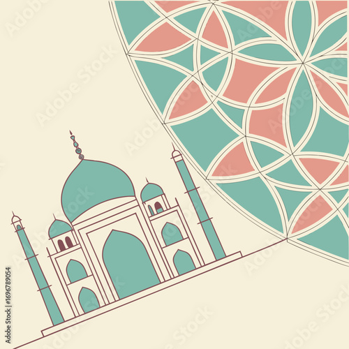 Illustration of the taj mahal with geometric pattern background