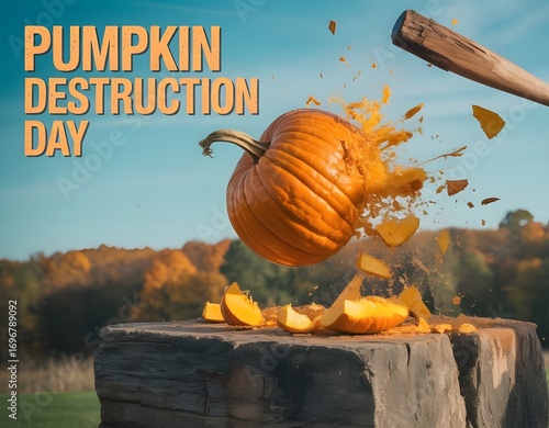 Powerful pumpkin destruction captured mid-smash, perfect for fall celebrations, Halloween fun, outdoor autumn activities, and enjoying smashing pumpkins with family and friends in festive settings.