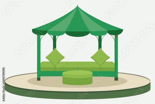 chic outdoor gazebo lounge with green cushions and