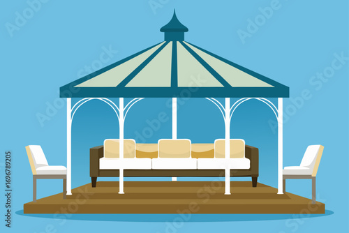 luxury gazebo setup with glass top and wicker sofa