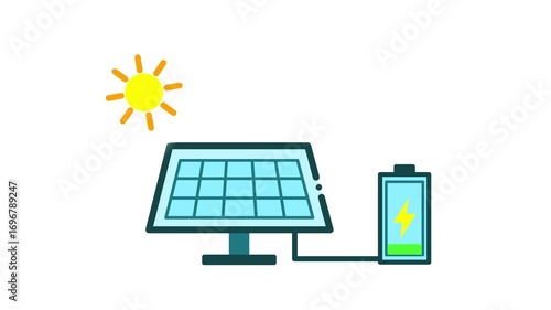 Animated Illustration Explaining the Process of Solar Panels Powering and Charging a Battery