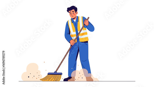 A Day's Duty: A diligent sanitation worker, clad in work attire and a safety vest, employs a broom to meticulously clear the streets.